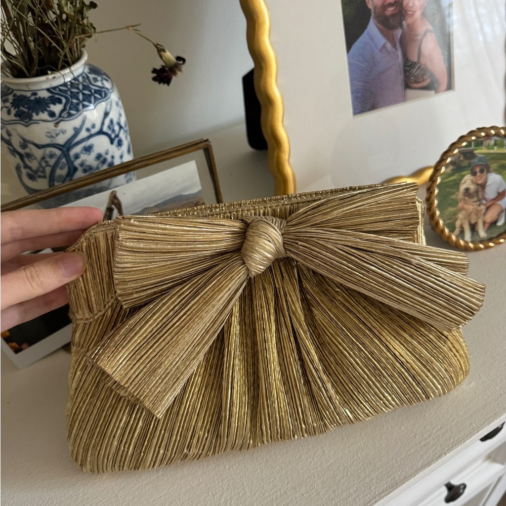 Loeffler Randal Gold Bow Clutch Bag with Gold Chain
